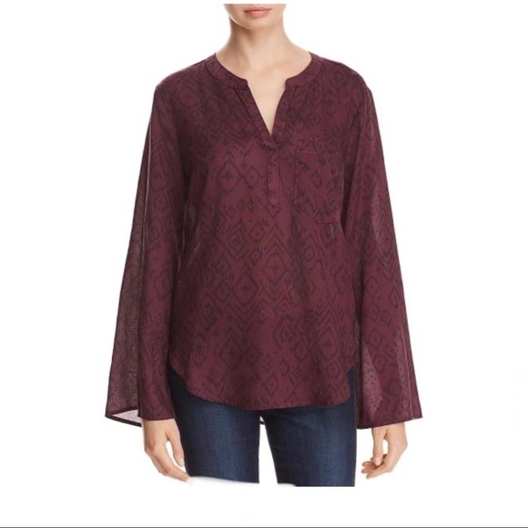 Side Stitch Womens Tencel Printed Blouse wine/black Aztec print bell sleeve - Picture 2 of 12